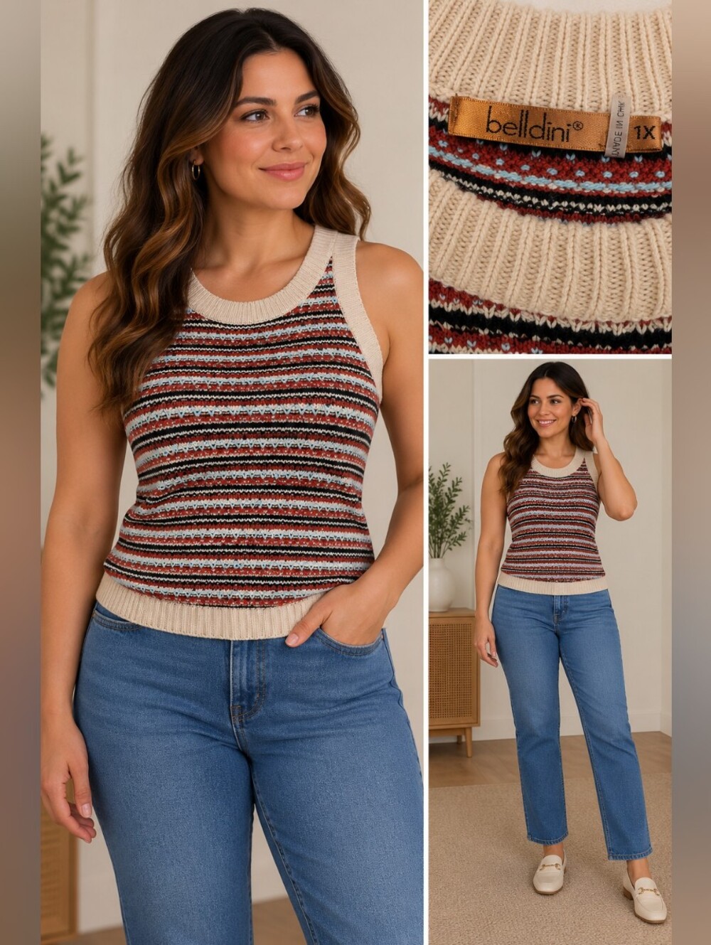 Belldini Striped Knit Tank in Cream and Burgundy Multi